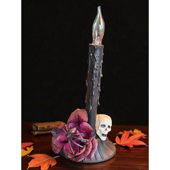 Upcycled Halloween Candle Window Light Electric flicker bulb Skull Pink Rose - Picture 2 of 8